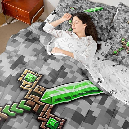 Castle Fairy Green Gemstone 7 Piece Comforter Sets King Size,Green Brown Sword All Season Reversible Bed in a Bag Grey Pixel Bedding Sets Miner Theme Square Flat Sheet,Fitted Sheet,Pillowcases