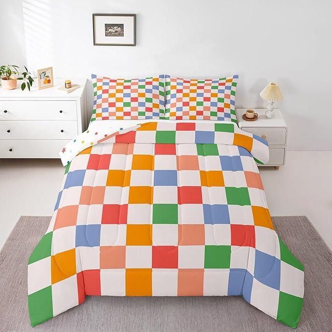 Feelyou Checkered Retro Bedding Set Teen Women Men Rainbow Colorful Plaid Comforter Set Full Size Kids Boys Girls Geometric Vintage Duvet Insert Modern Simple Groovy Aesthetic Room Decor
