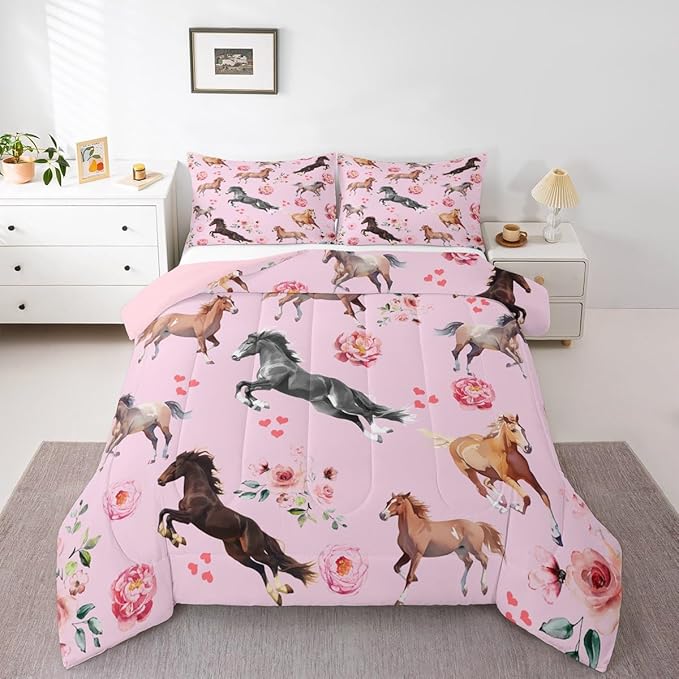 Erosebridal Horse Comforter Set King for Cowboy Cowgirl,Pink Rose Petal Bedding Set for Youth Adult,Rustic Horse Quilt for Bedroom Decor,Western Farmhouse Wildlife Down Comforter with 2 Pillowcases