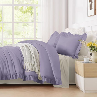 Andency Grayish Purple California King Comforter Set, 3 Pieces Cal King Ruffle Purple Comforter, Lightweight Oversized Farmhouse Shabby Chic Soft Microfiber Bedding Comforter Set (104x96Inch)