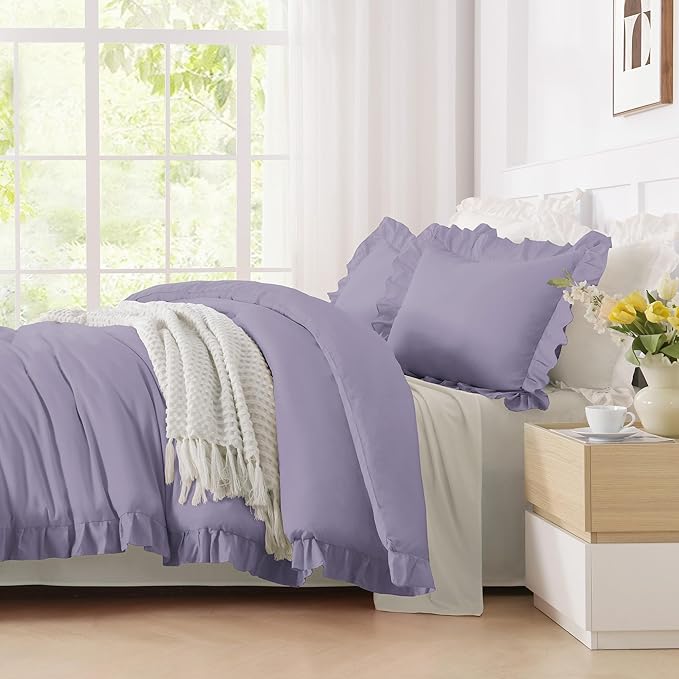Andency Oversized King Comforter Set 120x98, 3 Pieces Ruffle Shabby Chic Famhouse Bedding Set, All Season Lightweight Fluffy Bed Set for Girls Women, Purple