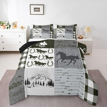 Erosebridal Rustic Horse Bedding Set, Retro Western Cowboy Horseshoe Comforter Set Queen, Southwestern Riding Boots Arrow Quilt Rustic Adventure Duvet Insert Cabin Lodge Bedroom Decor, 2 Pillow Cases