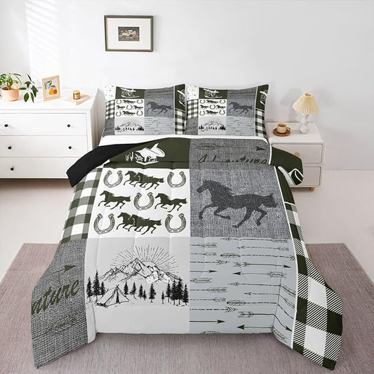 Erosebridal Rustic Horse Bedding Set, Retro Western Cowboy Horseshoe Comforter Set Twin, Southwestern Riding Boots Arrow Quilt Rustic Adventure Duvet Insert Cabin Lodge Bedroom Decor, 1 Pillow Case