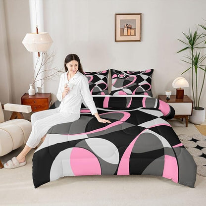 Feelyou Pink Grey Black Comforter Retro Circle Geometrics Comforter Set Modern Abstract Art Bedding Set for Kids Boys Girls Geometrics Swirl Duvet Set Luxury Room Decor Quilt Twin Size Boys