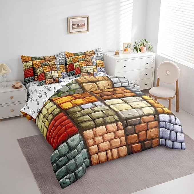 Pixelated Themed Games 7Pcs Comforter Set Full Size,Miner Video Games Bedding Sets for Kids Boys Teens Men Bedroom Decor,Geometric Grid Wall Fitted Flat Sheet Brown Grey 2 Throw Pillow,2 Pillowcases
