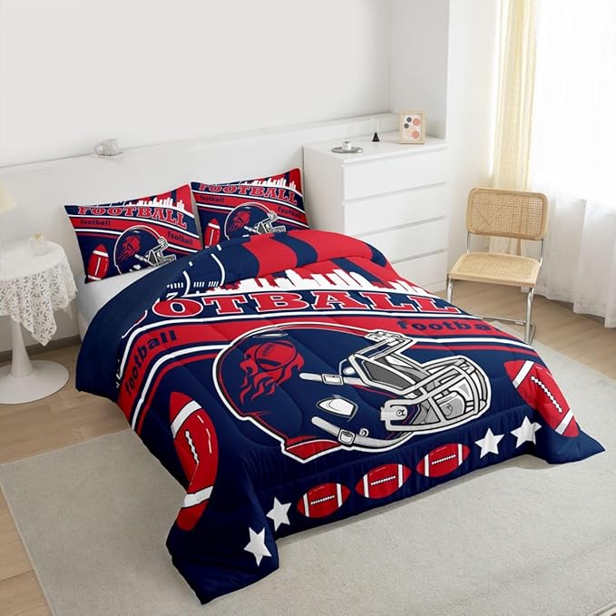 Feelyou Football Bedding Set Boys Girls Toddler Size Women Men Rugby Sports Comforter Set Football City Duvet Quilt Red Navy Blue Decor