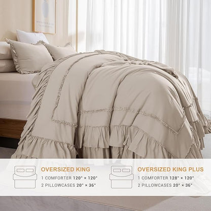 Sanracie Oversized King Comforter Set 128" x 120", Cotton Boho Shabby Vintage Ruffled Comforter Sets Linen Feel Comfortable Breathable French Country Bedding Set 3Pcs for All Season