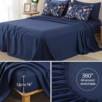 Yiran Queen Comforter Set, 7 Pieces Navy Blue Floral Soft Bedding Sets, Queen Bed in a Bag with Botanical Flowers Winter Comforter, Sheets, Pillowcases & Shams