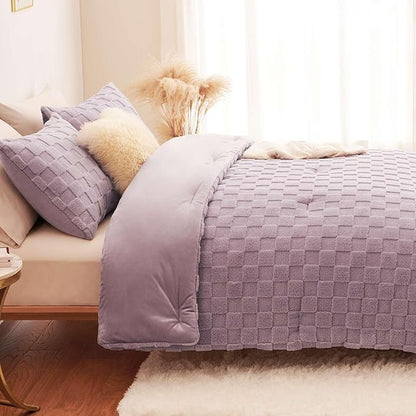 CozyLux Fleece Queen Comforter Set Light Purple,Super Soft & Warm Fluffy Bedding with Checkered Pattern,Luxury Fuzzy Heavy Bed Set for Winter,3 Pieces,1 Comforter and 2 Pillowcases
