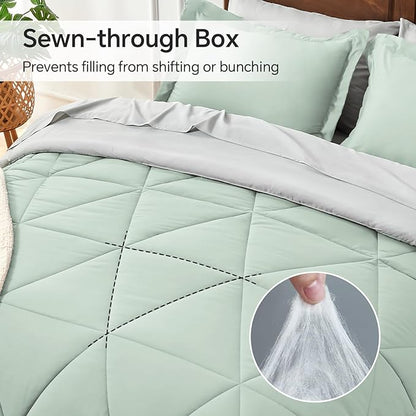 BEDELITE King Size Comforter Set 7 Pieces Bed in A Bag - Soft Microfiber Reversible Sage Green Bed Set with Comforters, Sheets, Pillowcases & Shams, Cozy Luxury Bedding Sets for All Season