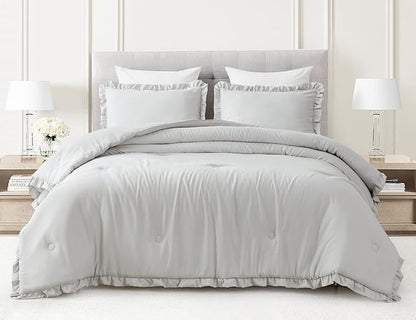 Chezmoi Collection Nora Light Gray Comforter Set Twin Size 2-Piece Lightweight Soft Stone-Washed Ruffled Shabby Chic Bedding for All Season