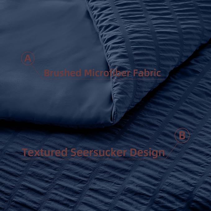 FUANNA Full Size Comforter Sets 7 Pieces, Luxury Seersucker Bed in a Bag Full for All Seasons, Soft Bed Sets with Comforter, Flat Sheet, Fitted Sheet, Pillowcases & Shams for Bedroom, Navy Blue