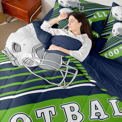 Erosebridal Football Comforter Set Full Size Bed in A Bag, 7 Pieces Football Bedding with Sheets, Navy Green Comforter + Flat Sheet + Fitted Sheet + 2 Pillowcases + 2 Throw Pillow Covers