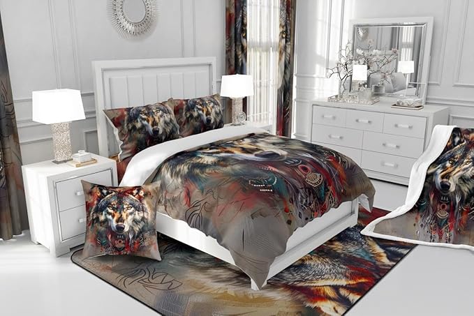 Erosebridal Hunting Wolf Twin Bedding Set,Indian Wolf Comforter Set for Kids Boys Girls Room Decor,Exotic Ethnic Tribal Quilt Set Wildlife Animal Safari Bedding Comforter Sets,1 Pillowcase