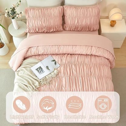 PERFEMET Blush Comforter Set Twin Size 5-Piece Boho Ruched Comforter with Sheet Set Soft Luxury Fluffy Pleated Textured Bed in a Bag All Season Farmhouse Ruffled Bedroom Set(Blush, Twin)