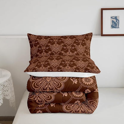 Feelyou Adults Brown Vintage Damask Floral Comforter Set Antique Drawing Classical Paisley Comforter Twin Size Gothic Bohemia Boho Floral Bedding Set Hotel Style Duvet Set Quilt Set 2Pcs