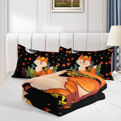 Cartoon Fox Comforter Set 3-Pieces Cute Fox Bedding Set Moon Plants Leaves Printed Quilt Set for Kids Boys Girls with 2 Pillowcases Queen