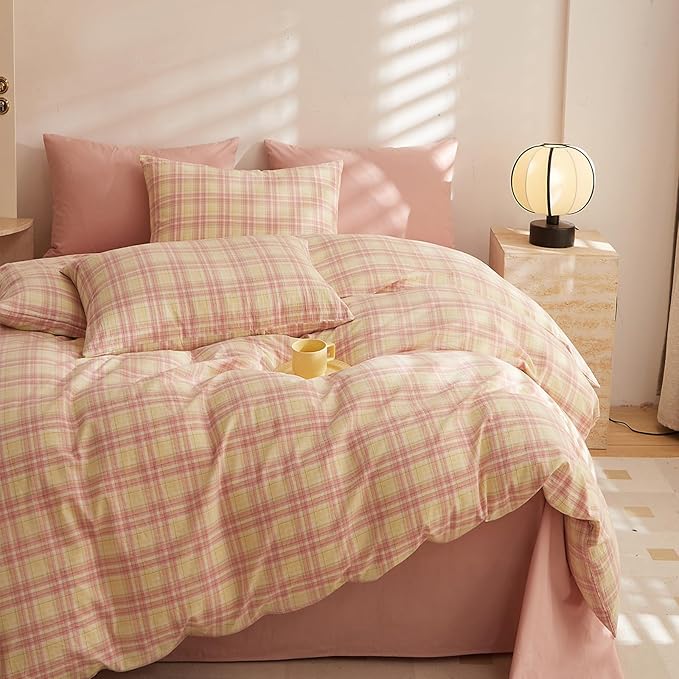 HighBuy Blush Pink Gingham Comforter Twin XL Size Fluffy Plaid Checkered Pattern Comforter with 2 Pillowcases for Teen Girls Geometric Grid Printed Gingham Bedding Comforter Set Luxury Soft