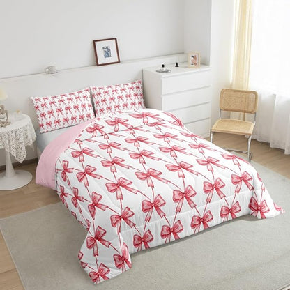 Feelyou Red Bow Comforter Set Twin Size Cute Bowknot Bedding Set Boys Girls Bow and Stripes Comforter for Kids Women Men Kawaii Duvet 2Pcs