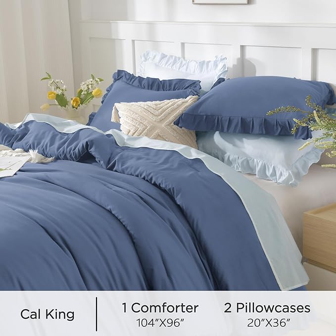 Andency Ocean Blue California King Comforter Set, 3 Pieces Shabby Chic Ruffle Solid Cal King Bedding Sets, Oversized All Season Soft Lightweight Down Alternative Bed Set for Adults Men Women