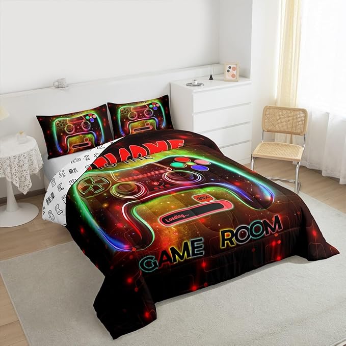 jejeloiu Cool Gamer Bedding Set King Size for Boys 3D Gaming Comforter Set Kids Teens Bright Red Duvet Set Modern Game Console Quilt Set 3Pcs