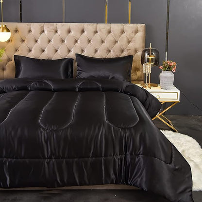Dreamer Silk Like Black Satin Comforter Set - Queen Size, Silky Microfiber Filling, Down Alternative, Luxury Silky Bed Comforter 1 Comforter 2 Pillowcases