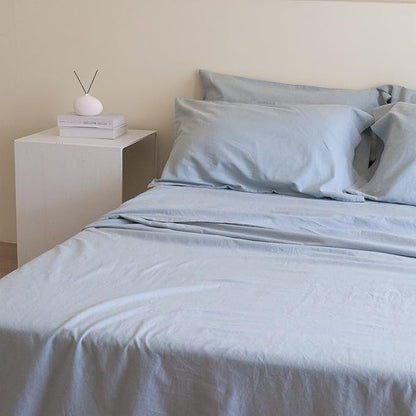 Simple&Opulence Belgian Linen Sheet Set Solid Color - 6 Pieces (1 Flat Sheet & 1 Fitted Sheet & 4 Pillowcases) 16" Deep Pocket Natural Flax Cotton Blended Soft Bedding - Dusty Blue, King Size