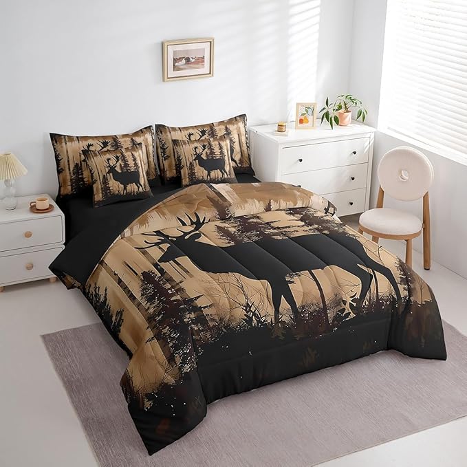 Erosebridal King Size Deer Bedding Set 7 Pieces for Kids Teens Adults - Woodland Deer Hunting Bed in A Bag Rustic Farmhouse Style Comforter Set with Sheets Country Rural Cabin Lodge Duvet Insert