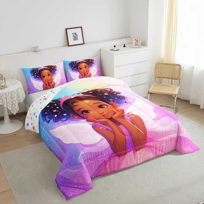 Manfei Black Little Girl Comforter Set King Size, Cute Girl Princess with Wings Down Comforter, Blue Purple Pink Galaxy Bedding Set for Kids Room Decor, Reversible Duvet Insert,2 Pillowcases
