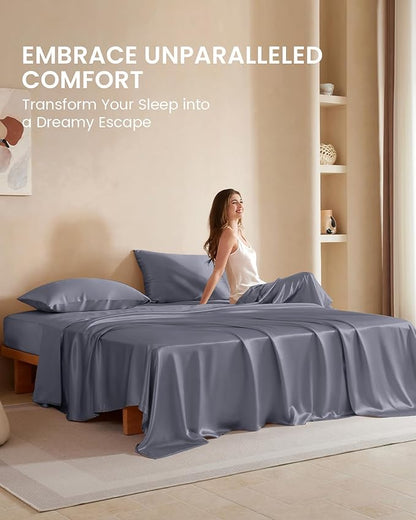THXSILK Silk Sheet Set 3 Pcs, Twin XL Size Sheet Set, Soft Breathable Cooling Bed Sheets with 1 Flat Sheet, 1 Fitted Sheet, 1 Pillowcase with Zipper Closure, Blue Grey