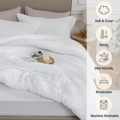 White California King Comforter Set - 3 Pieces Seersucker Lightweight Bedding Comforter Sets (1 Soft Fluffy Comforter & 2 Pillowcases) - All Seasons Cozy Modern Bed Sets for Women Men