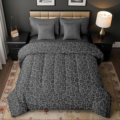 Leopard Print Twin Size Bed Sets 7 Pieces,Gray Wild Animal Skin All Season Comforter Set,African Cheetah Wildlife Bedding Set with 1 Comforter,2 Sheets,2 Pillowcases,2 Throw Pillow Covers