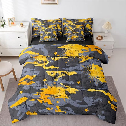 Erosebridal Camouflage King Comforter Set Stars 7-Piece Bed in A Bag Graffiti Watercolor Ombre Retro Military Sheets and Pillowcases Grey Yellow Bed Sets
