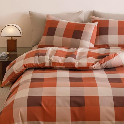 KAREVER Gingham Checkered Comforter King Pumpkin Plaid Bedding Set Boys Girls Colorful Grid Cottagecore Blanket King