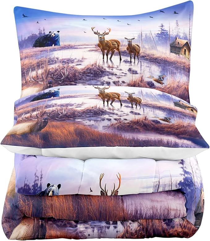 LUVIVIHOME 2PCS Cabin Comforter Set Twin Size, Mallard Duck Elk Moose Black Bear Deer Bedding, Lake Forest Animal Wildlife Hunting Hunter Country Lodge Rustic Farmhouse Bedding, 1 Pillow Sham