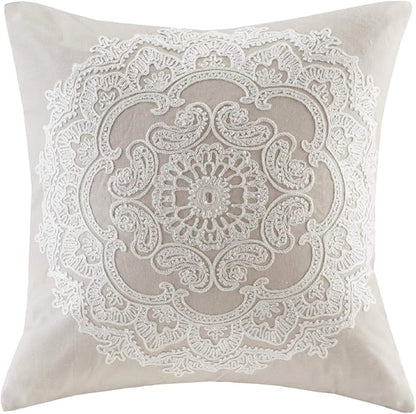 Harbor House Modern Design Decorative Pillow Hypoallergenic Sofa Cushion Lumbar, Back Support, Square 18" x 18", Suzanna, Cotton Medallion Taupe
