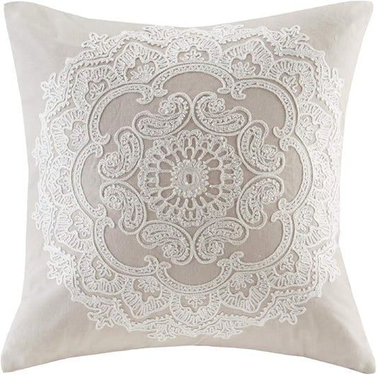 Harbor House Modern Design Decorative Pillow Hypoallergenic Sofa Cushion Lumbar, Back Support, Square 18" x 18", Suzanna, Cotton Medallion Taupe