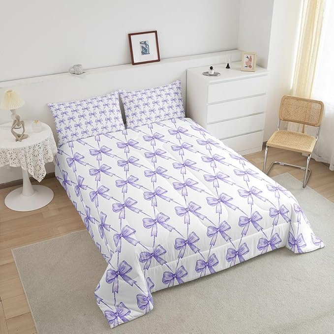 Feelyou Purple Bow Comforter Set Toddler Size Cute Bowknot Bedding Set Boys Girls Kawaii Comforter for Kids Women Men Bow and Stripes Duvet Set 2Pcs