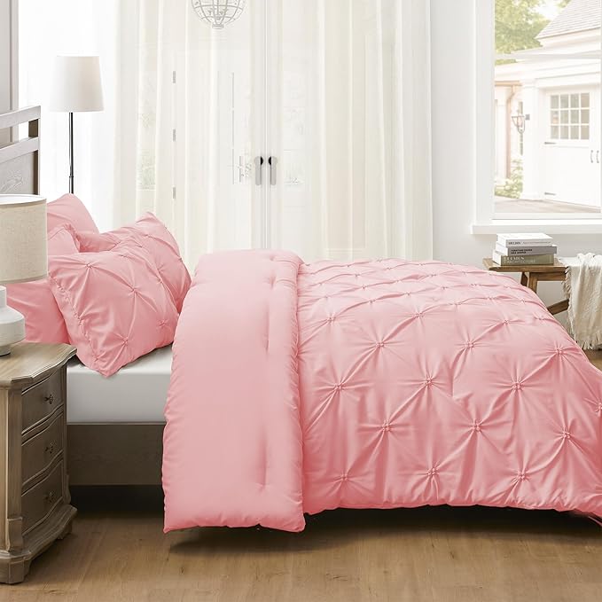 UNIKOME Queen Comforter Set Pink - Ultra Soft Boho Pintuck Down Alternative Bedding Set for All Seasons, 3 Pieces Lightweight Warm Pinch Pleat Bed Set with Comforter, 2 Pillowcases
