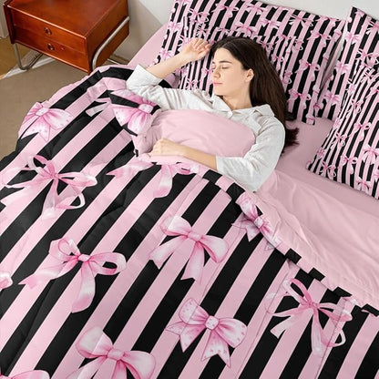Erosebridal Kids Girls Bowknot Bow Black Pink Y2K King 7-Piece Comforter Set | Kawaii Cute Sheets and Pillowcases Stripe Bed in A Bag Geometric Bed Sets
