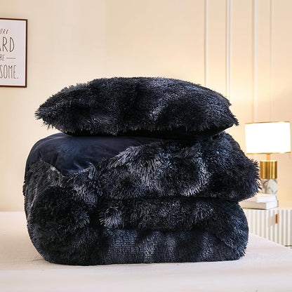 Andency Faux Fur Tie-Dyed Black Blue Comforter Set Full Size, 3 Pieces Fluffy Fuzzy Plush Bedding Comforter Set (1 Shaggy Velvet Comforter & 2 Pillowcases), Soft Puffy Down Comforter Bedding Set