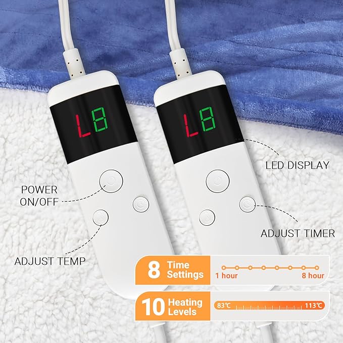 Electric Heated Blanket Throw Size 50''x60'' Soft Flannel & Sherpa Electric Blanket with 10 Heating Levels, Automatically Shut Down After 8h with Overheat Protection Machine Washable