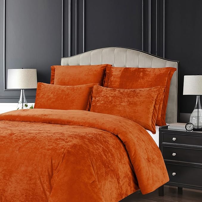 Sunshine Nicole Distressed Velvet Comforter Set, Distressed Velvet Face and Brushed Solid Microfiber Reverse, with Light Weight Soft Poly Fill, 5 Pieces Terracotta, Queen