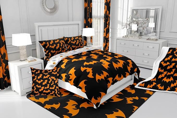 Erosebridal Orange Bat Twin Bedding Sets Halloween Bat Comforter Set Spooky Goth Gothic Animal Quilt Duvet Set Horror Halloween Bedding Collections for Kids Teens Adults