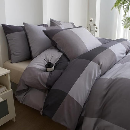 mixinni Queen Comforter Set Men Boys Geometric Checkered Plaid Printed Bedding Comforter for All Season Soft Lightweight Bedding Set-(Queen Size, Grey,Black)