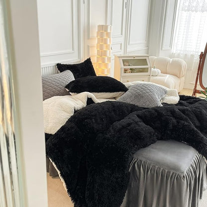 UOZZI BEDDING Black Faux Fur Comforter Set King 3 Pieces - 1 Black Shaggy Comforter Set 104x90 and 2 Pillowcases, Ultra Soft and Easy Care Luxury Plush Shaggy Duvet Set