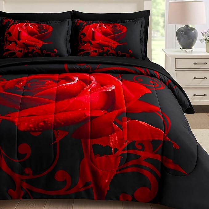 WONGS BEDDING Red Comforter Set Cal King, Reversible Red Rose 7 Pieces Bed in a Bag, Lightweight Soft Microfiber Bedding Sets with Comforter, Flat Sheet, Fitted Sheet, Pillowcases & Shams