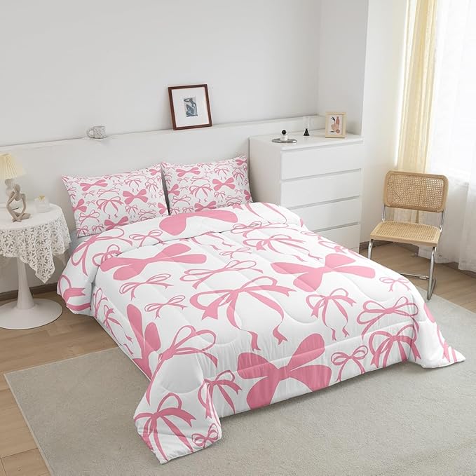 Feelyou Bow Bedding Set Boys Girls Full Size Black Cute Bowknot Comforter Set for Kids Women Men Ultra Soft Pink Girls Bow Comforter Kawaii Bow Duvet Set Room Decor Lovely Decor Quilt Set