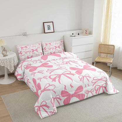 Feelyou Bow Bedding Set Boys Girls Full Size Black Cute Bowknot Comforter Set for Kids Women Men Ultra Soft Pink Girls Bow Comforter Kawaii Bow Duvet Set Room Decor Lovely Decor Quilt Set