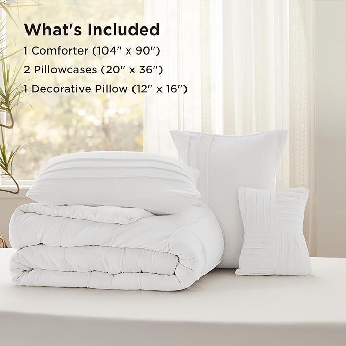 Bedsure King Comforter Set - 4 Pieces Pinch Pleat Bed Set, White Boho Bedding for All Season, 1 Soft Comforter, 2 Pillowcases, 1 Decorative Pillow